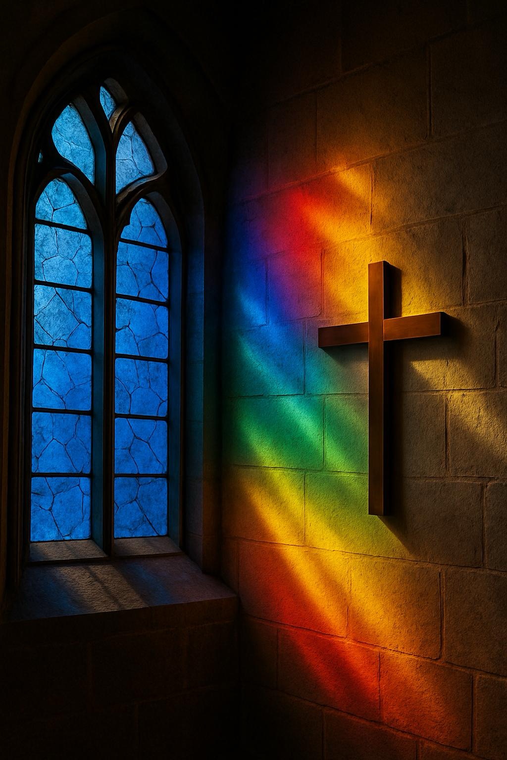 Rainbow light shining through a church window onto a cross, symbolizing faith and LGBTQ+ inclusion.