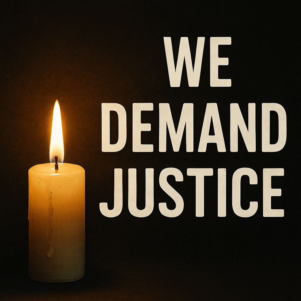 A single white pillar candle burns brightly in the foreground against a dark background. Behind it, blurred protesters hold signs demanding justice, creating a solemn but determined atmosphere.